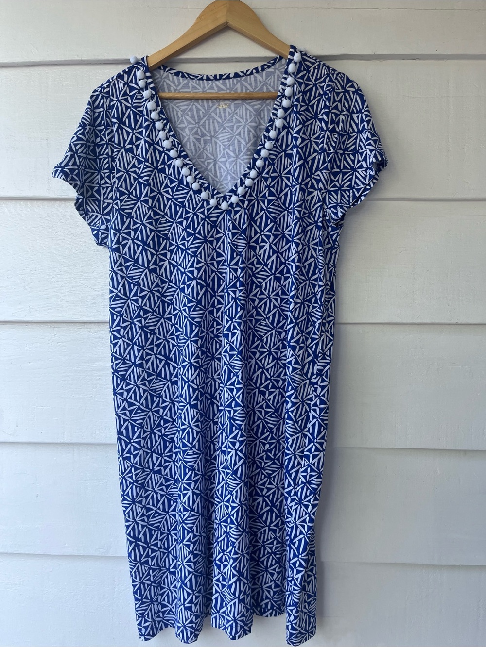 Lilly Pulitzer Etta Shift Dress Blue White Geometric V-Neck  Cotton Beach XL